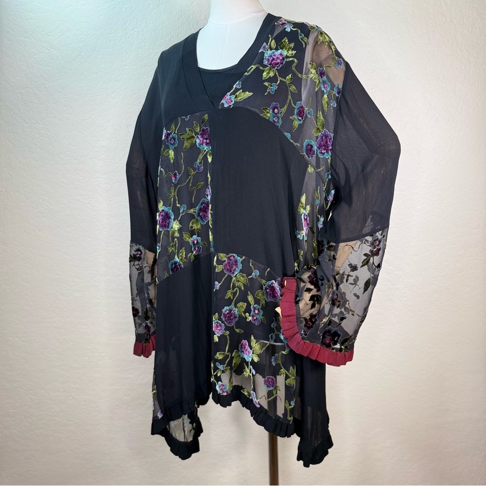 Vintage LOOK Oversized Crushed Velvet Floral Sheer Lagenlook Tunic Top L/XL 3